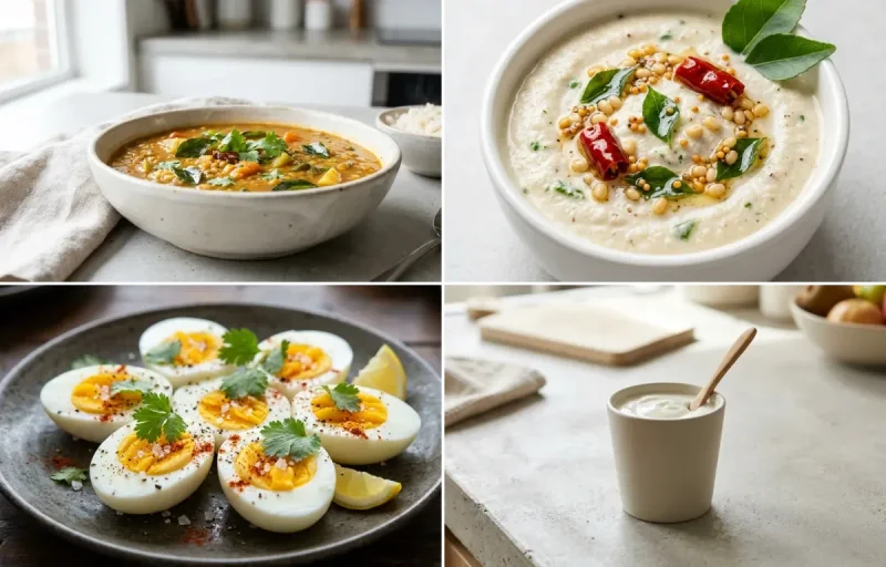 Vegetable Kuzhi Paniyaram with Vegetable Sambar, Coconut Chutney, Boiled Egg and Plain Yogurt Cup