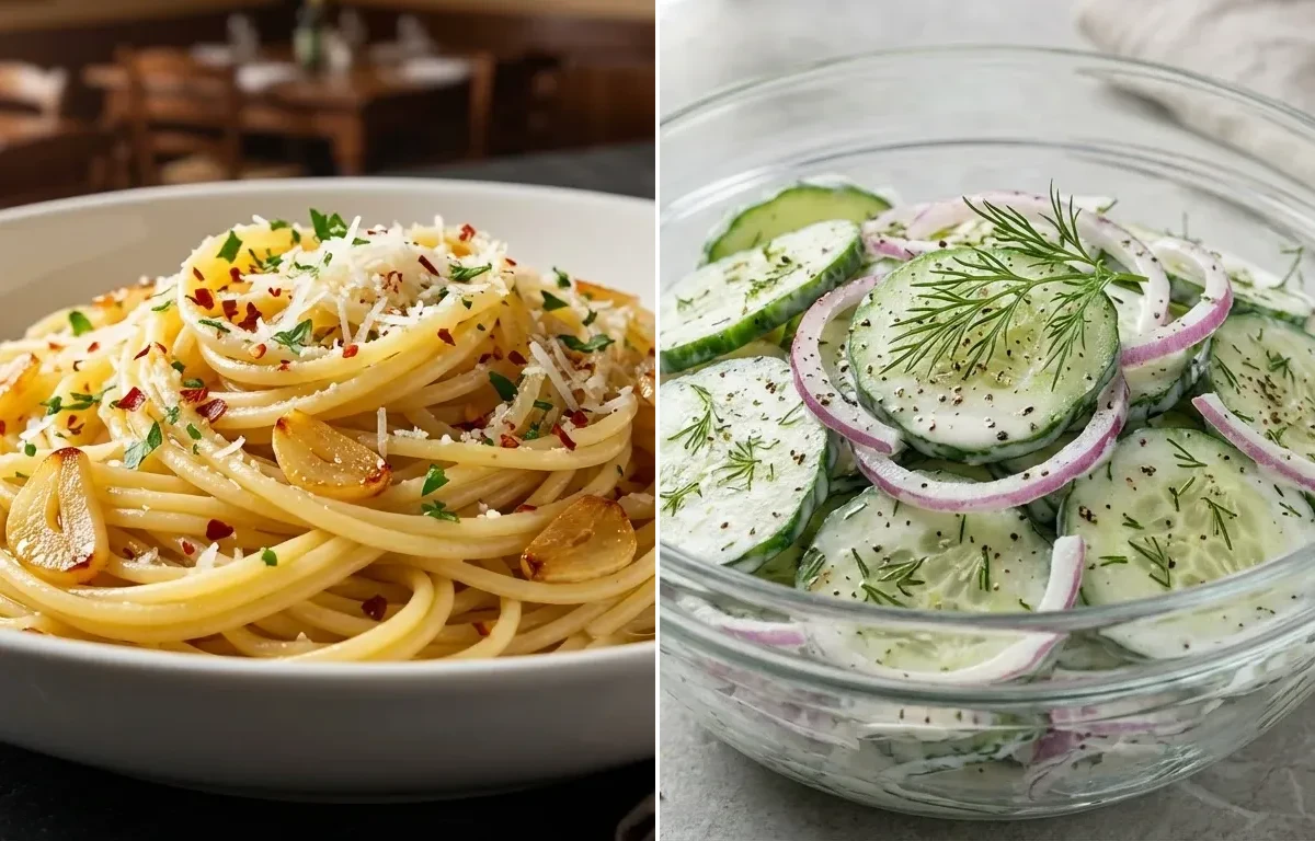Spaghetti Aglio e Olio with Cucumber Salad