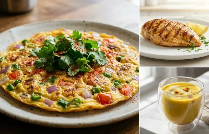 Vegetable Omelette with Grilled Chicken Breast with Milk
