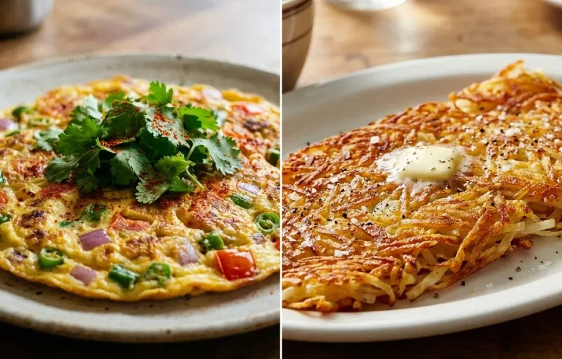 Vegetable Omelette with Hash Browns and Fresh Pear