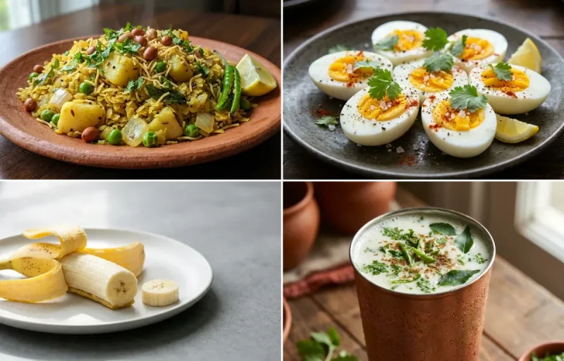 Vegetable Poha with Boiled Egg with Banana with Chaas