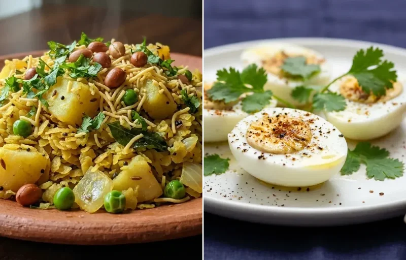 Vegetable Poha with Boiled Egg Whites with Orange with Black Coffee