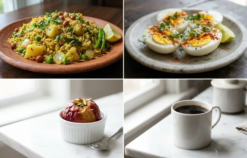 Vegetable Poha with Boiled Eggs with Apple with Black Coffee