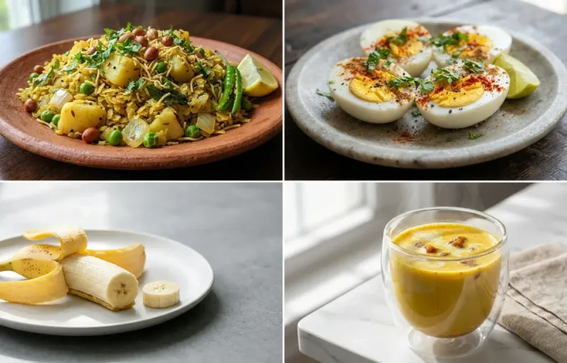 Vegetable Poha with Boiled Eggs with Banana with Milk