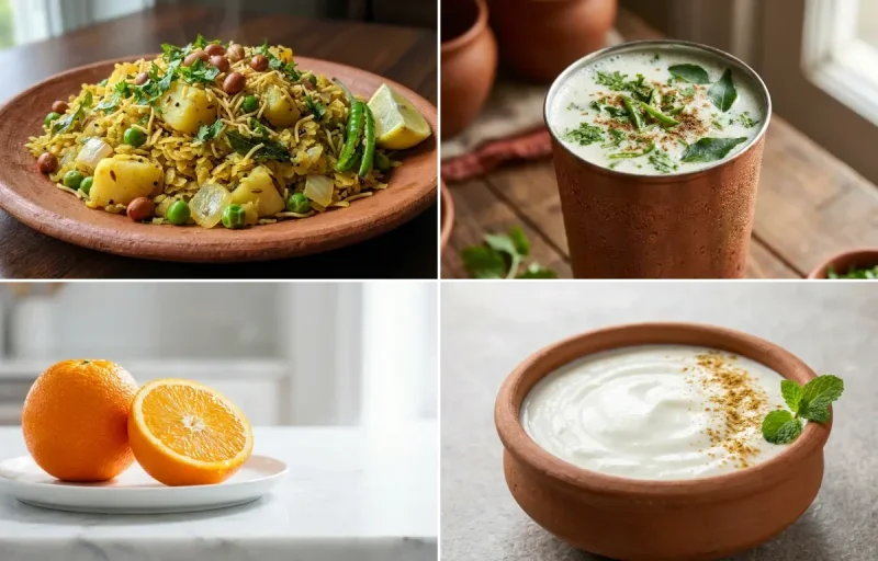 Vegetable Poha with Chaas with Orange