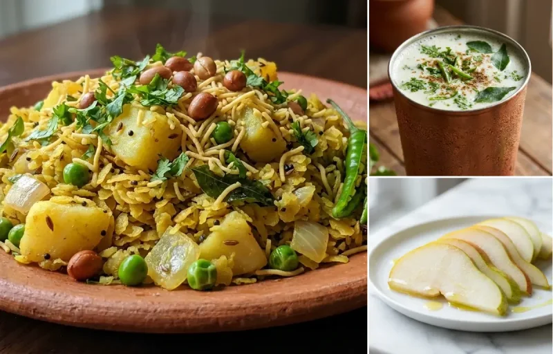 Vegetable Poha with Chaas with Fresh Pear