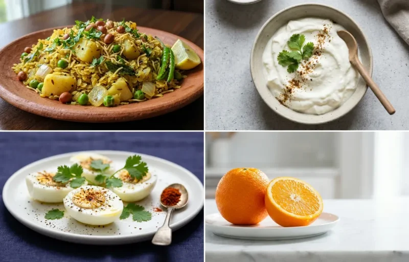 Vegetable Poha with Plain Dahi with Boiled Egg Whites with Orange