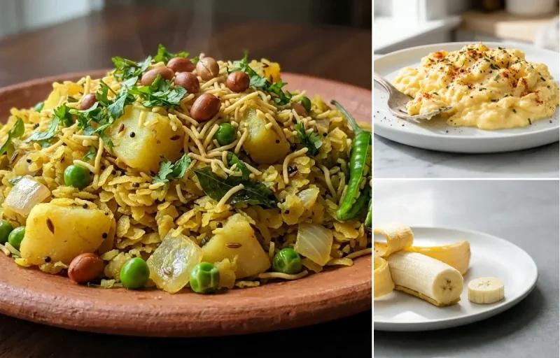 Vegetable Poha with Scrambled Eggs with Chaas with Banana