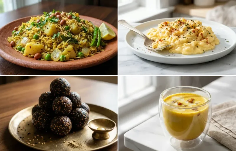 Vegetable Poha with Scrambled Eggs with Ellu Urundai with Milk