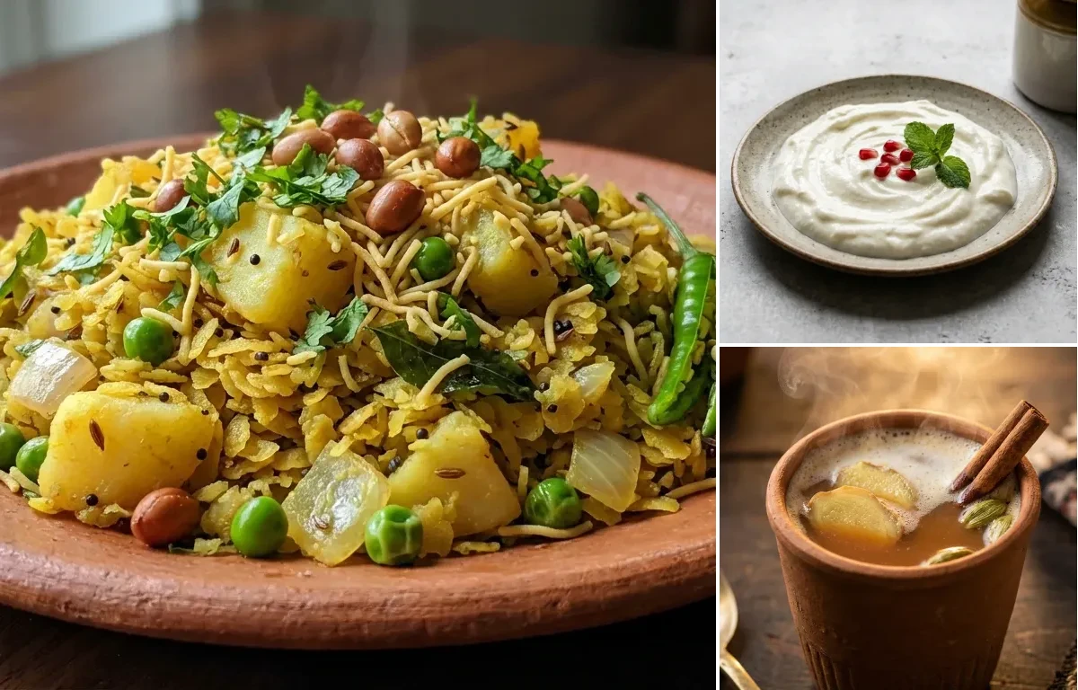 Vegetable poha with sprouts + peanuts + Curd + Masala chai