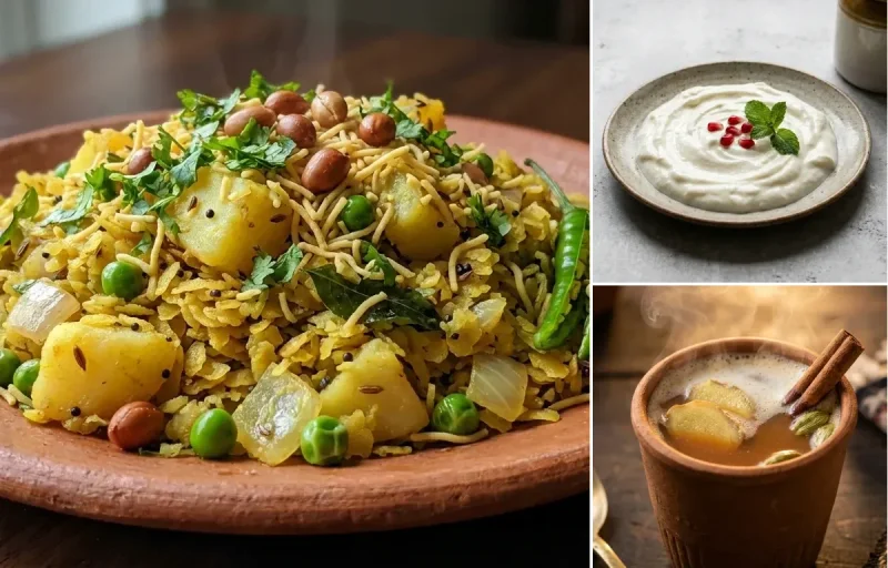 Vegetable poha with sprouts + peanuts + Curd + Masala chai