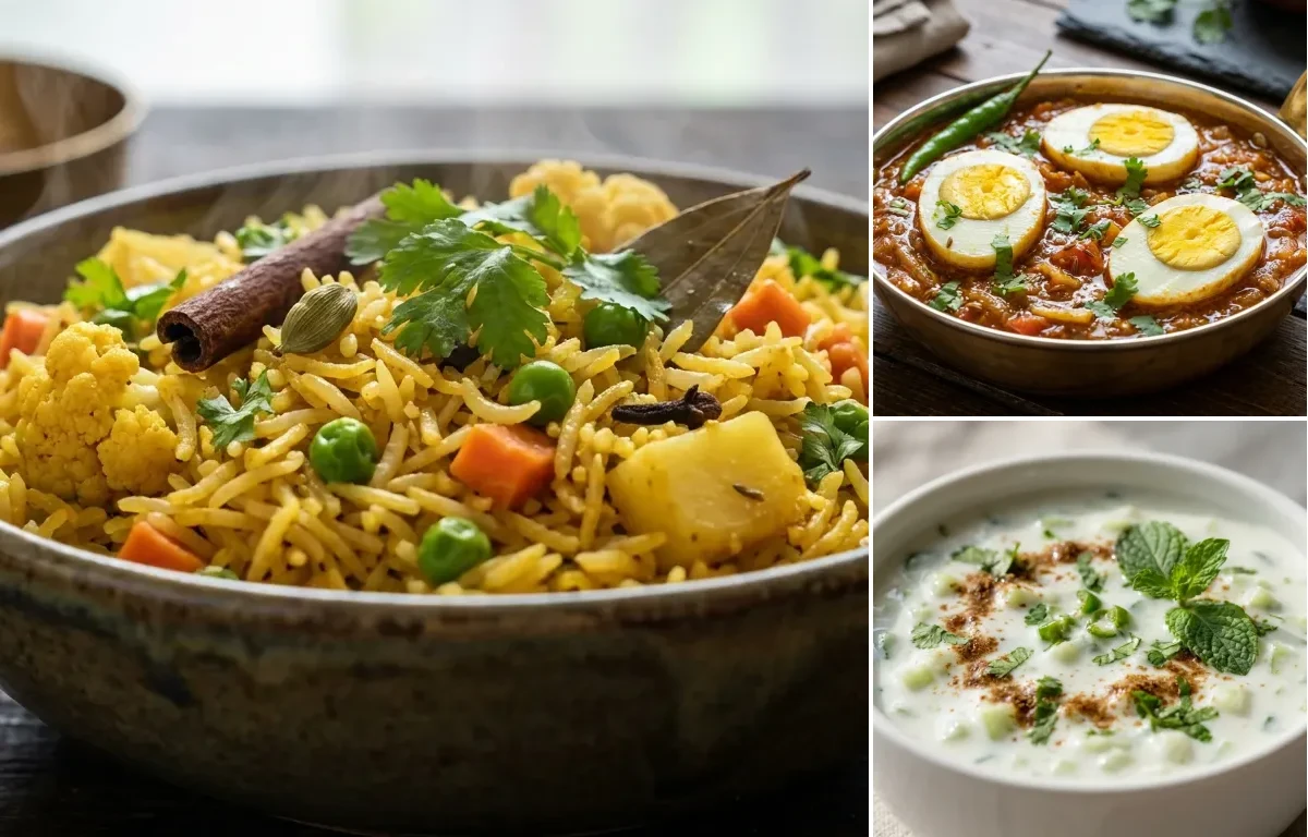 Vegetable Pulao with Anda Masala and Cucumber Raita