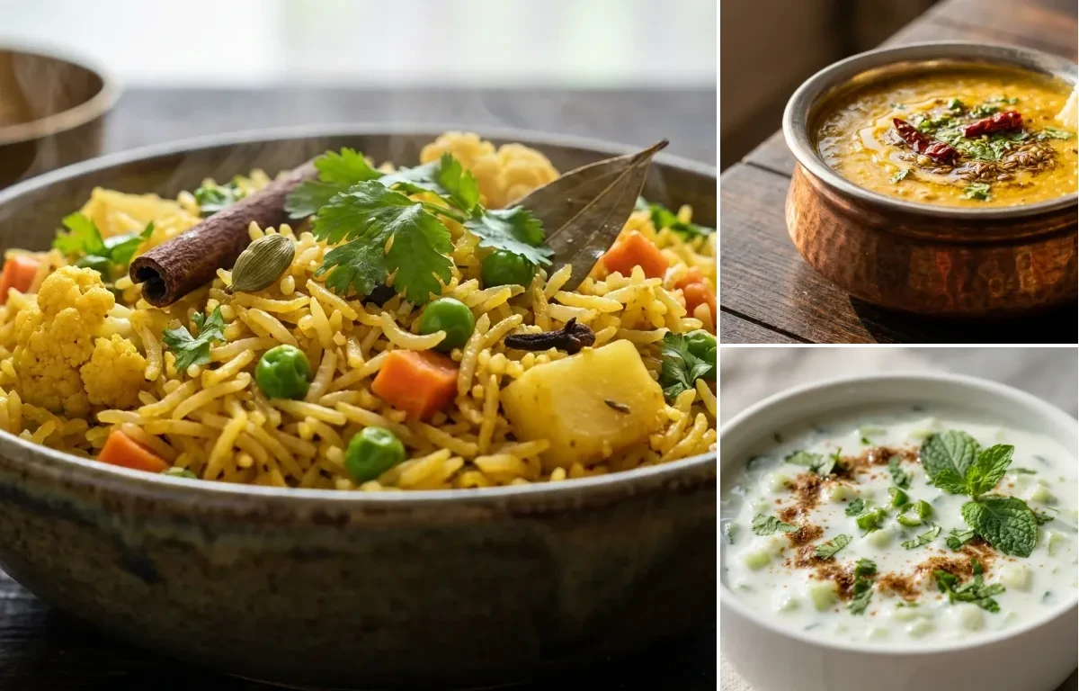 Vegetable Pulao with Dal Fry and Cucumber Raita