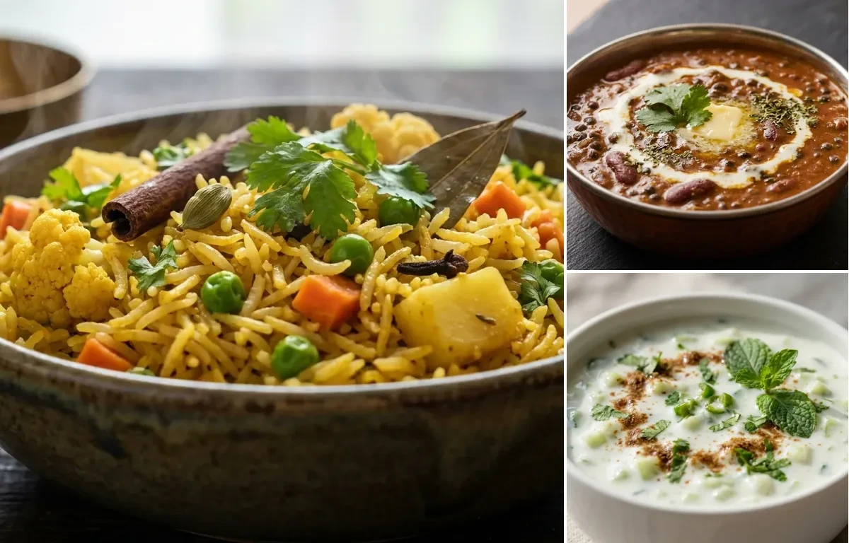Vegetable Pulao with Dal Makhani and Cucumber Raita