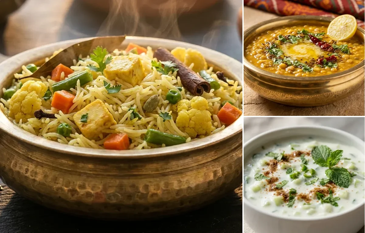 Vegetable pulao + Mixed dal + Cucumber raita