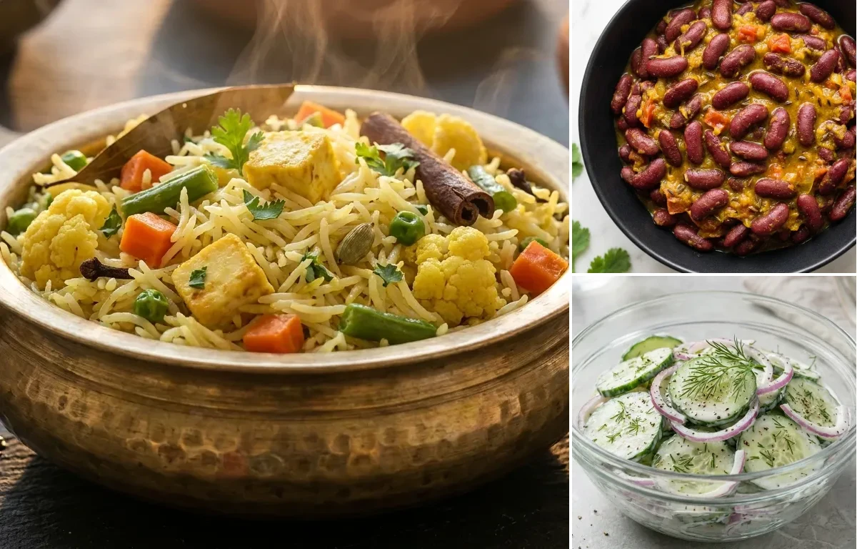 Vegetable Pulao with Dry Rajma with Cucumber Salad