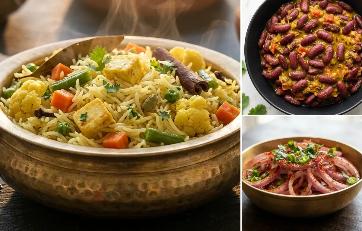 Vegetable Pulao with Dry Rajma with Onion Salad