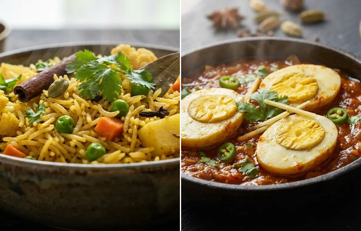 Vegetable Pulao with Egg Masala Fry