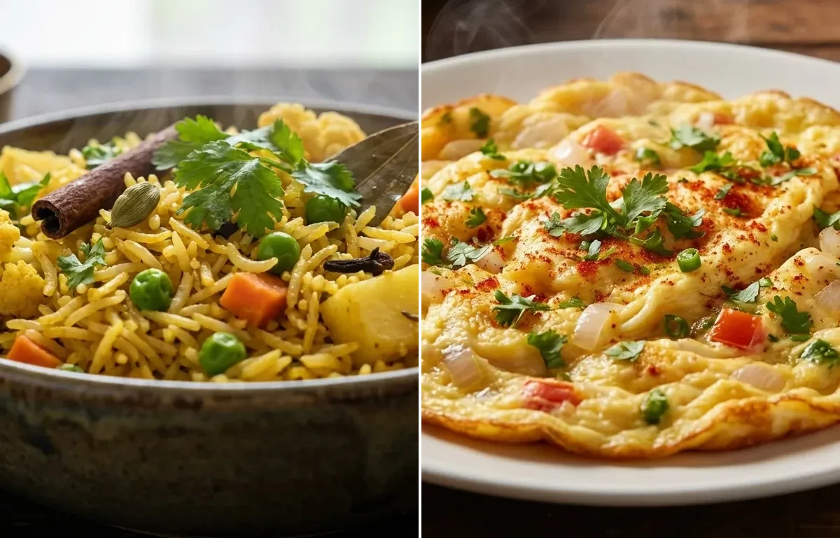 Vegetable Pulao with Masala Omelette