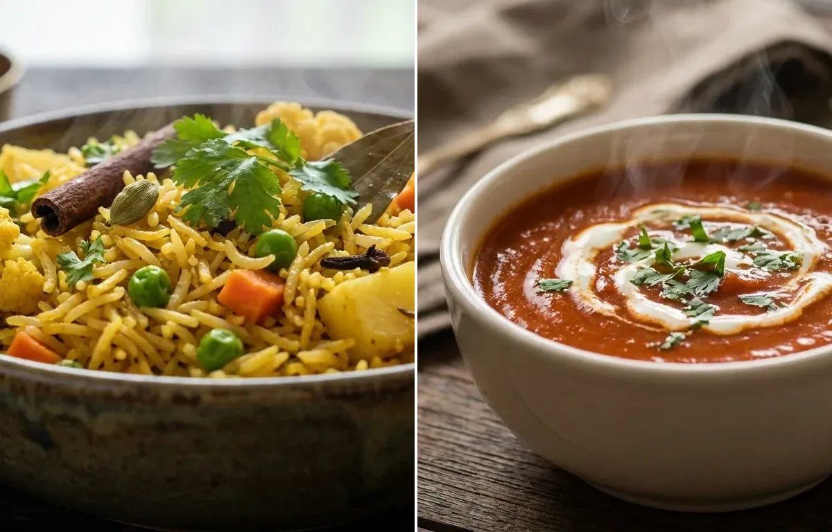 Vegetable Pulao with Tomato Soup