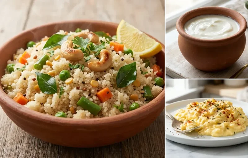 Vegetable Rava Upma with Curd with Scrambled Eggs with Banana