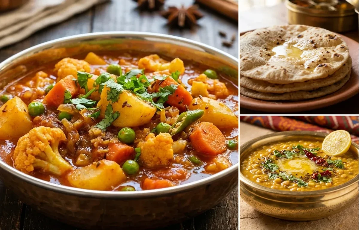 Vegetable Sabzi with Roti and Dal Panchmel