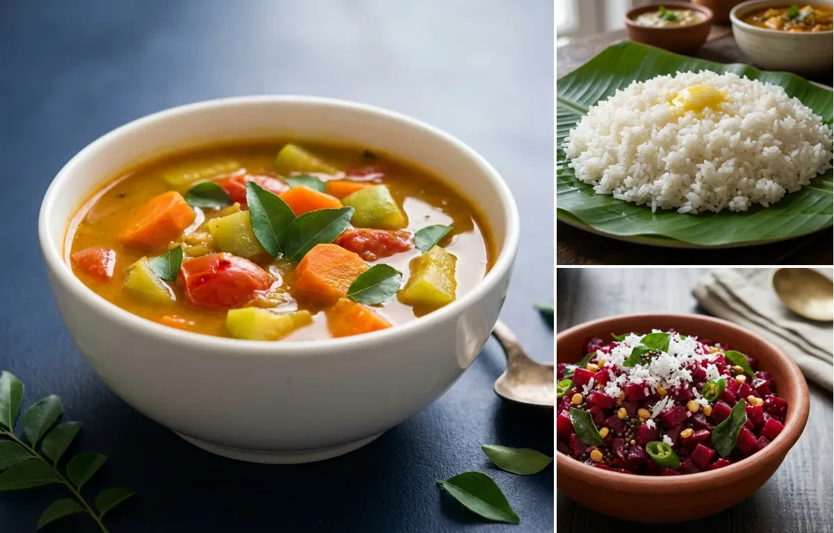 Vegetable Sambhar with Steamed White Rice with Beetroot Poriyal