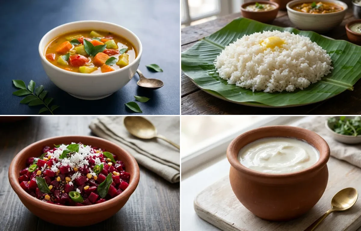 Vegetable Sambhar with Steamed White Rice with Beetroot Poriyal with Curd