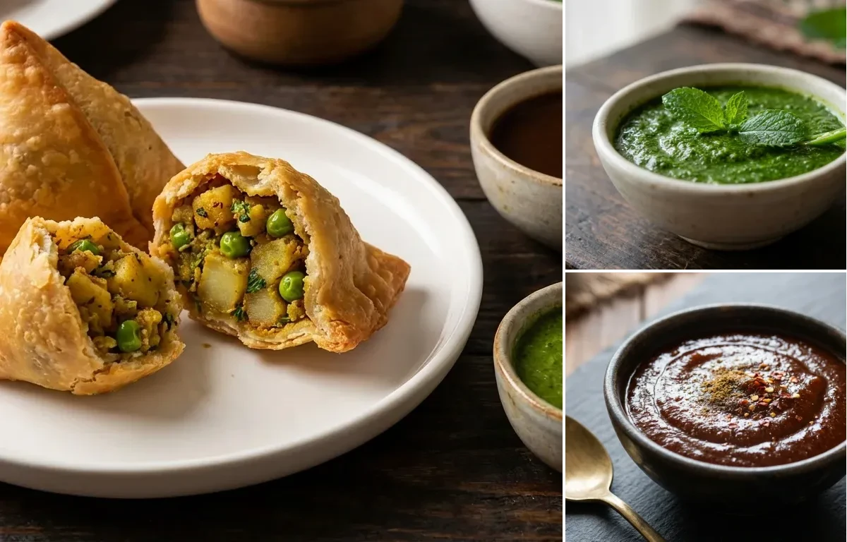 Vegetable Samosa with Mint Chutney and Tamarind Chutney