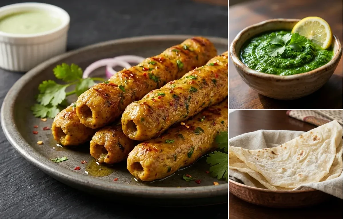 Vegetable Seekh Kebab with Coriander Chutney and Roomali Roti