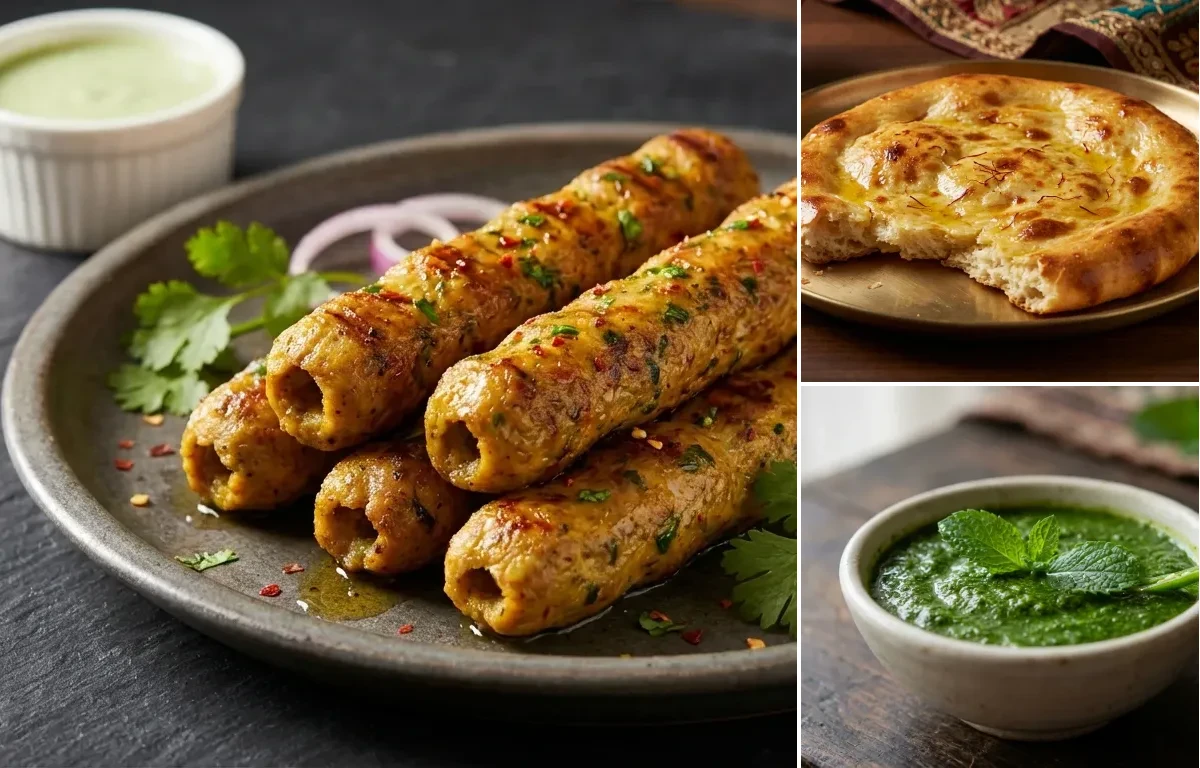 Vegetable Seekh Kebab with Sheermal and Mint Chutney