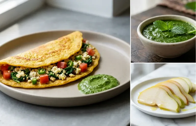 Vegetable-Stuffed Besan Chilla with Mint Chutney with Fresh Pear