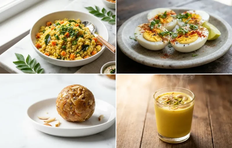 Vegetable Suji Upma with Boiled Eggs with Gond Ladoo with Masala Doodh