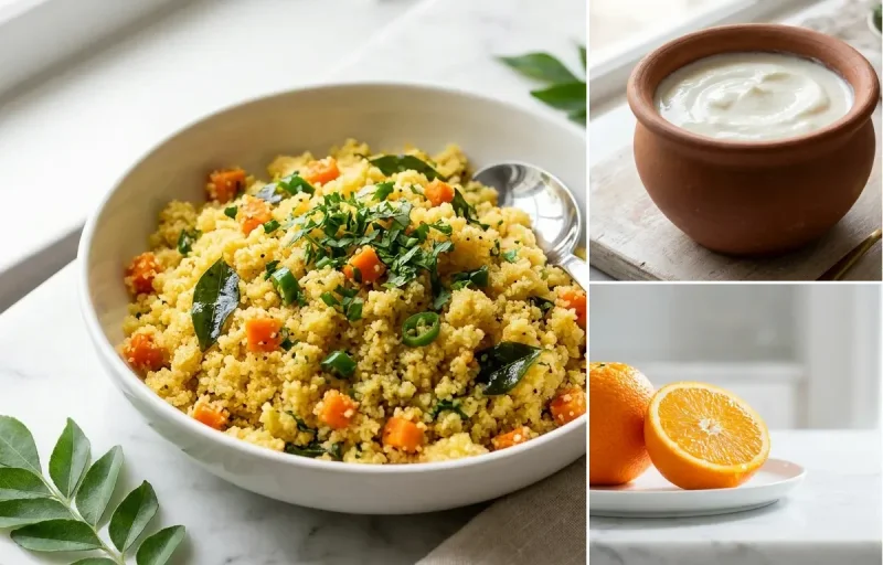 Vegetable Suji Upma with Curd with Orange