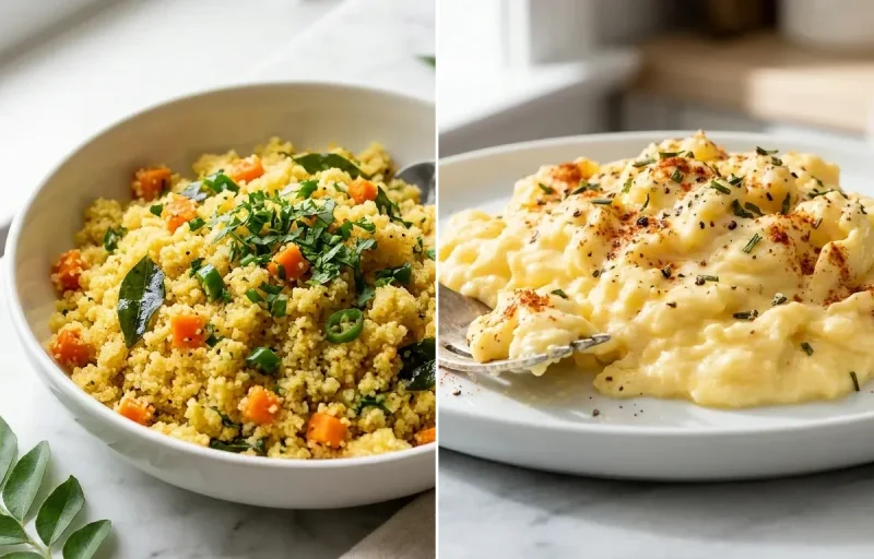 Vegetable Suji Upma with Scrambled Eggs with Chaas with Banana