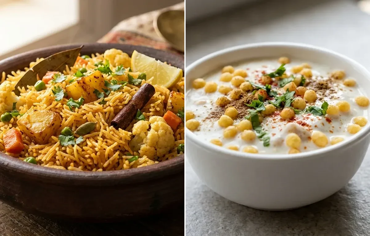 Vegetable Tahari with Boondi Raita