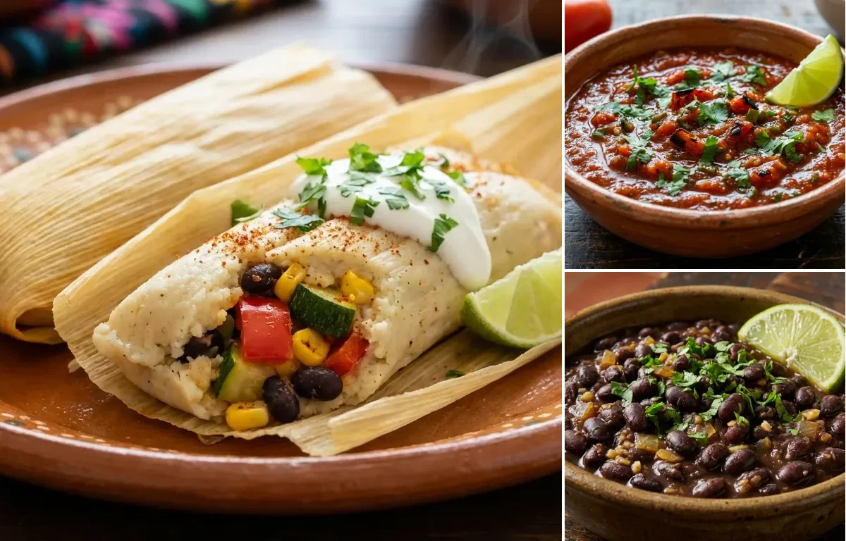 Vegetable Tamales with Salsa Roja and Savory Black Beans