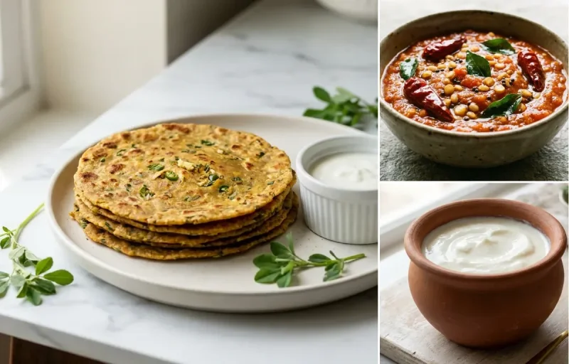 Vegetable Thepla with Methi Oats Thepla with Tomato Chutney with Curd