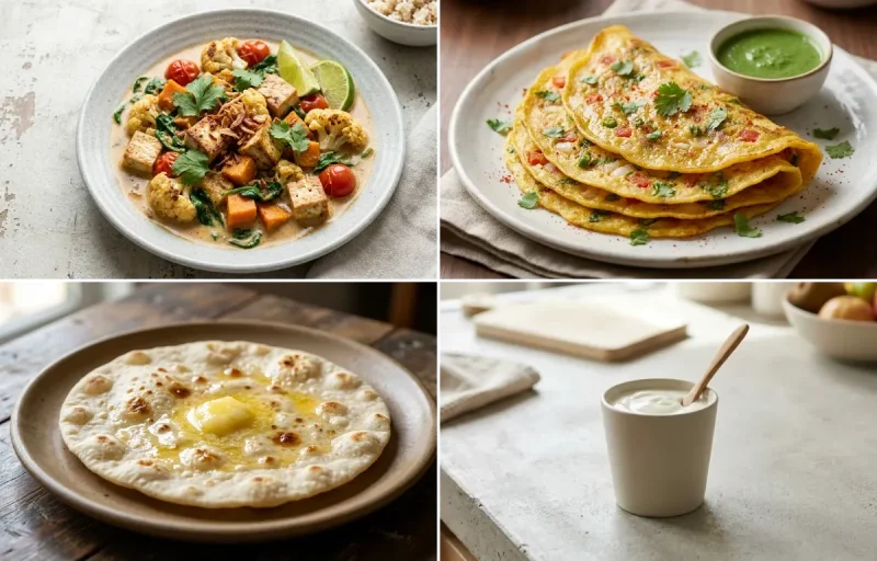 Vegetable Tofu Curry with Moong Dal Chilla, Jowar Roti and Plain Yogurt Cup