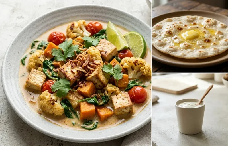 Vegetable Tofu Curry with Paneer Stuffed Moong Dal Chilla, Jowar Roti and Plain Yogurt Cup