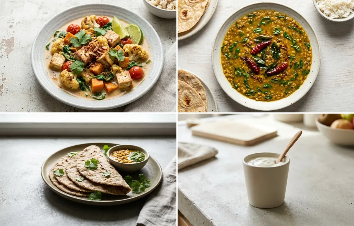 Vegetable Tofu Curry with Vegan Methi Dal, Vegan Jowar Roti and Plain Yogurt Cup