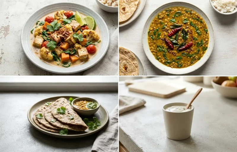 Vegetable Tofu Curry with Vegan Methi Dal, Vegan Jowar Roti and Plain Yogurt Cup
