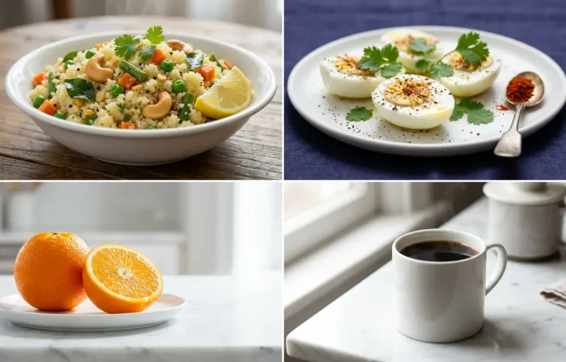 Vegetable Upma with Boiled Egg Whites with Orange with Black Coffee