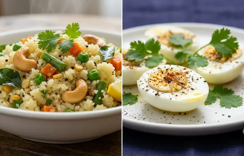 Vegetable Upma with Boiled Egg Whites with Green Tea