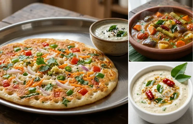 Vegetable Uthappam with Vegetable Sambar and Coconut Chutney