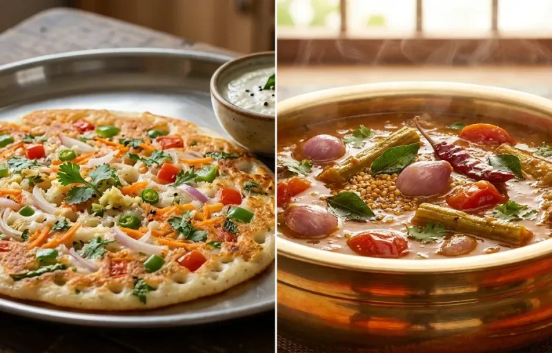Vegetable Uthappam with Chettinad Sambar