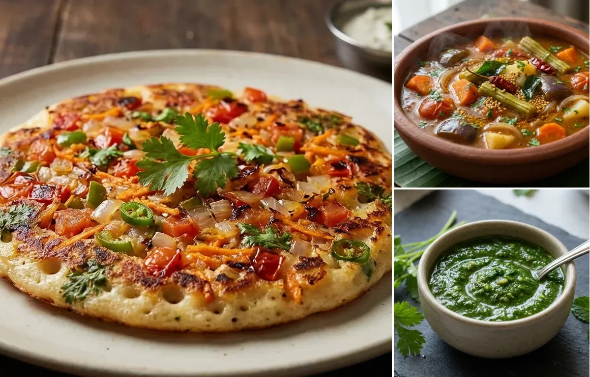 Vegetable Uttapam with Vegetable Sambar and Coriander Mint Chutney