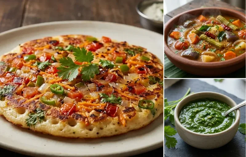 Vegetable Uttapam with Vegetable Sambar and Coriander Mint Chutney