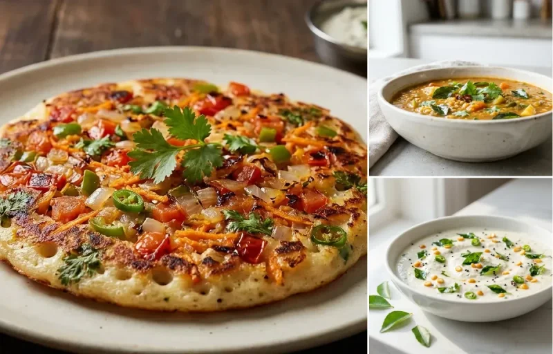 Vegetable Uttapam with Sambar with Coconut Chutney with Chaas