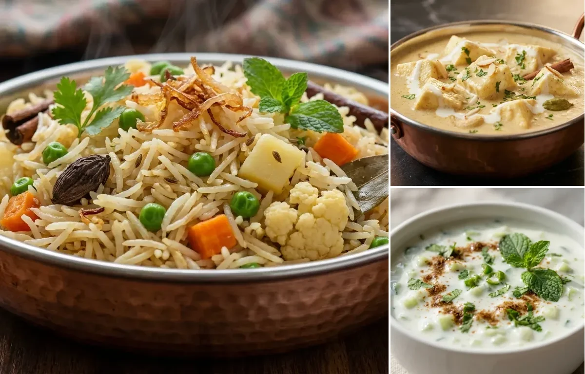 Vegetable Yakhni Pulao with Shahi Paneer and Cucumber Raita
